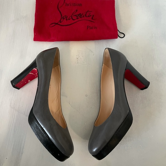 Christian Louboutin Pumps Platform Gray Leather Wood Chunky Block Heel